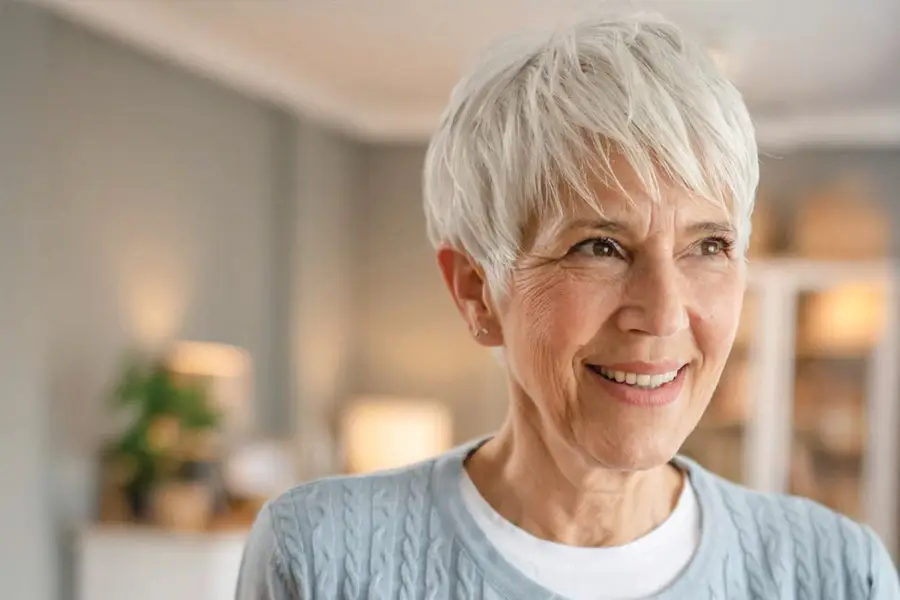 Smiling senior woman with short gray hair at home, representing healthy aging and wellness.