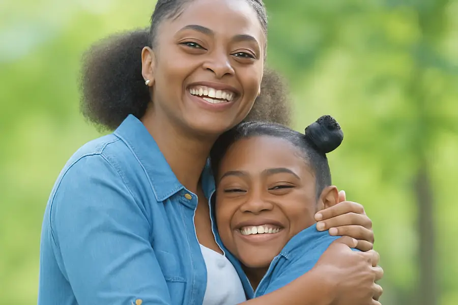 Smiling mother hugging her daughter outdoors in a park, both wearing blue shirts
