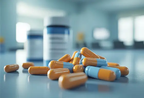 Close-up of prescription capsules with medicine bottles in background on pharmacy counter"