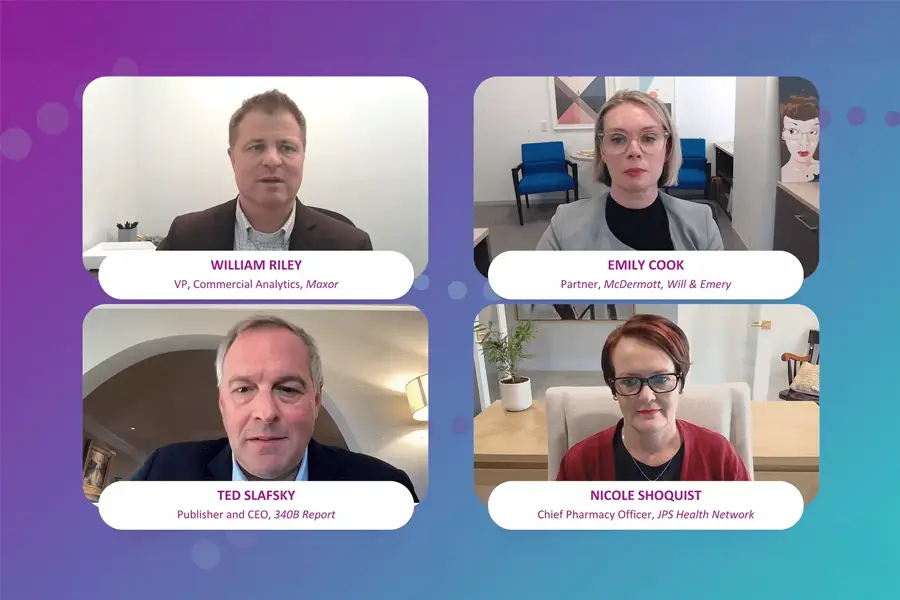 Virtual healthcare panel with William Riley, Emily Cook, Ted Slafsky, and Nicole Shoquist discussing pharmacy and analytics