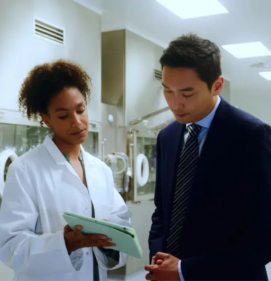 Scientist in lab coat discussing research findings with business professional in laboratory