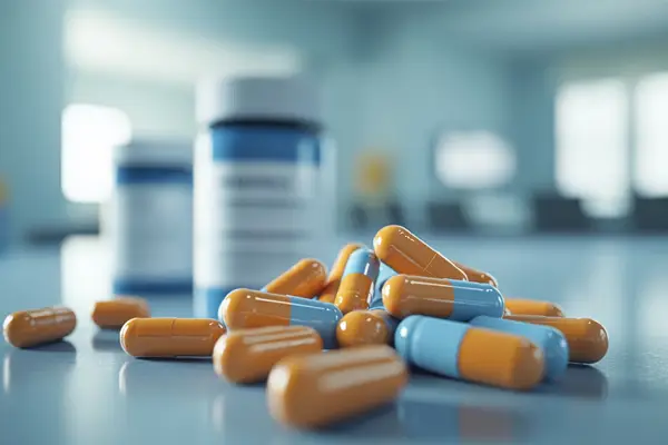 Close-up of orange and blue prescription capsules with medicine bottles in the background on a pharmacy counter.
