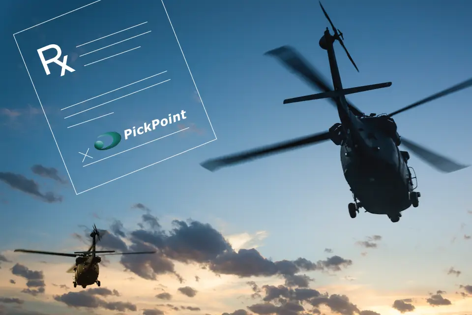 Photo of helicopters flying in the sky with an illustration of a PickPoint prescription pad