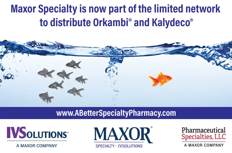 Advertisement with text announcing Maxor Specialty as part of the limited network to distribute Orkambi and Kalydeco, showing a goldfish swimming apart from a group of gray fish, with logos for IV Solutions, Maxor Specialty, and Pharmaceutical Specialties.