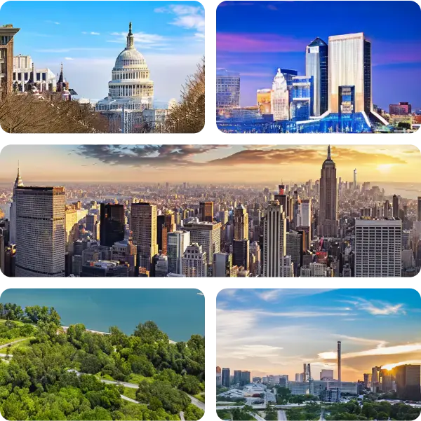Collage of cityscapes and landscapes including the U.S. Capitol in Washington D.C., modern skyscrapers, New York City skyline with the Empire State Building, a green park by a body of water, and a modern cityscape at sunset.